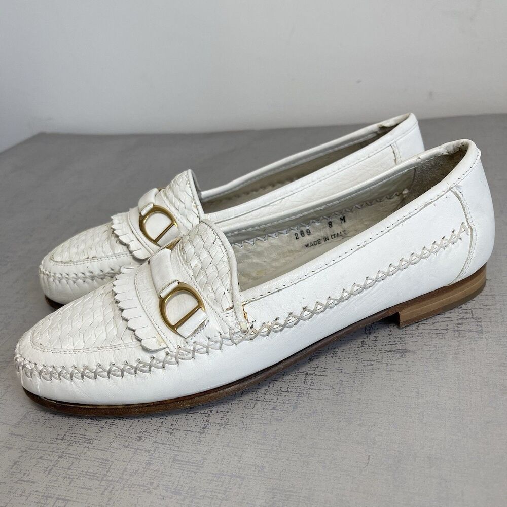 David Eden White Leather Kilt‎ Loafers Shoes 8 M Made in Italy Preppy Resort